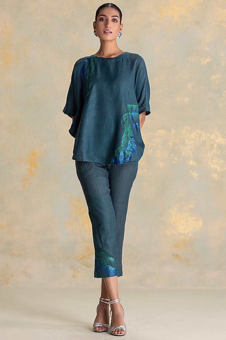 Forest-Colored Linen Blend Thread Embroidered Top by Kaveri at Pernia's Pop Up Shop