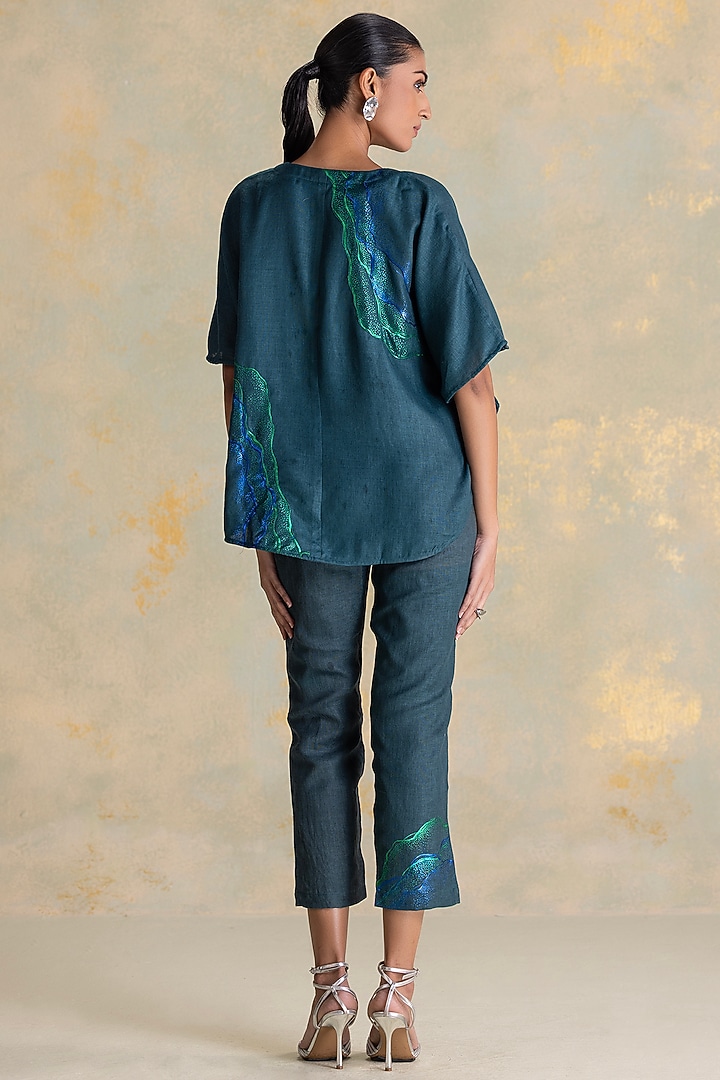 Forest-Colored Linen Blend Thread Embroidered Top by Kaveri at Pernia's Pop Up Shop