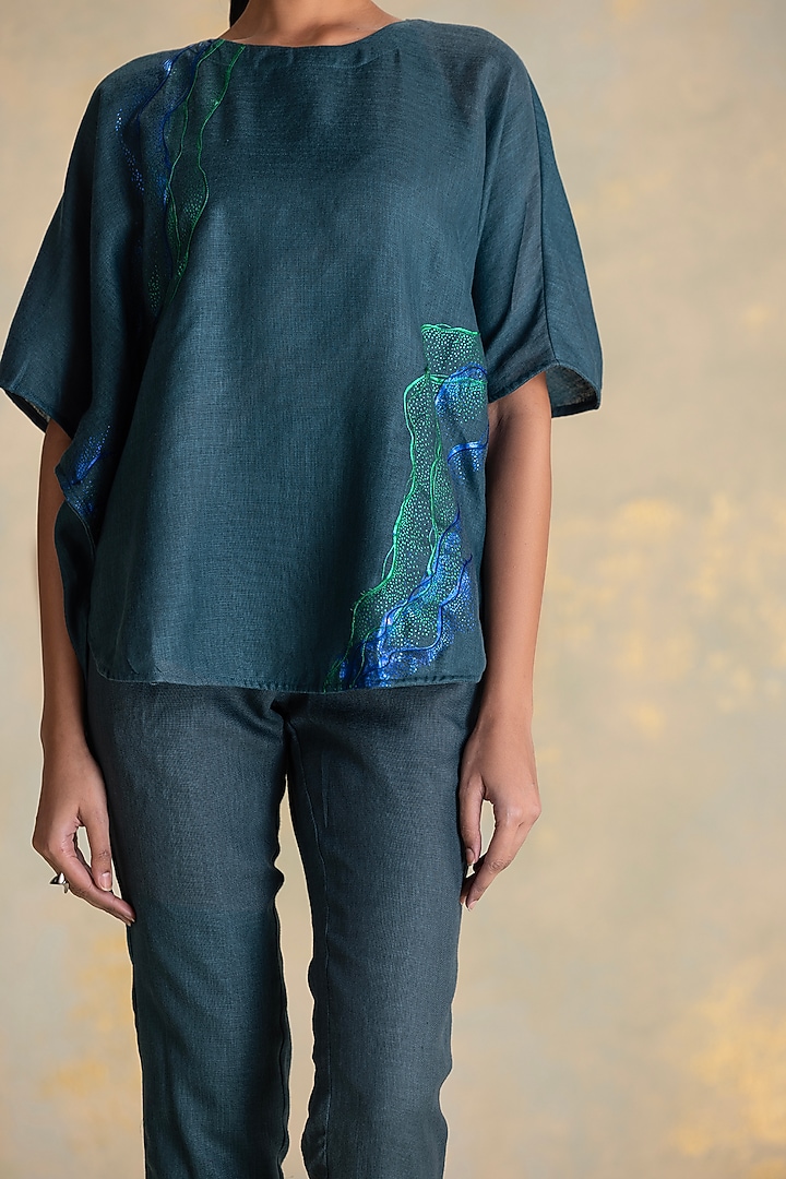 Forest-Colored Linen Blend Thread Embroidered Top by Kaveri at Pernia's Pop Up Shop
