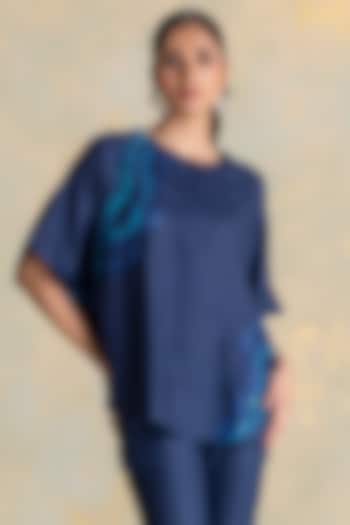 Navy Linen Blend Thread Embroidered Top by Kaveri at Pernia's Pop Up Shop