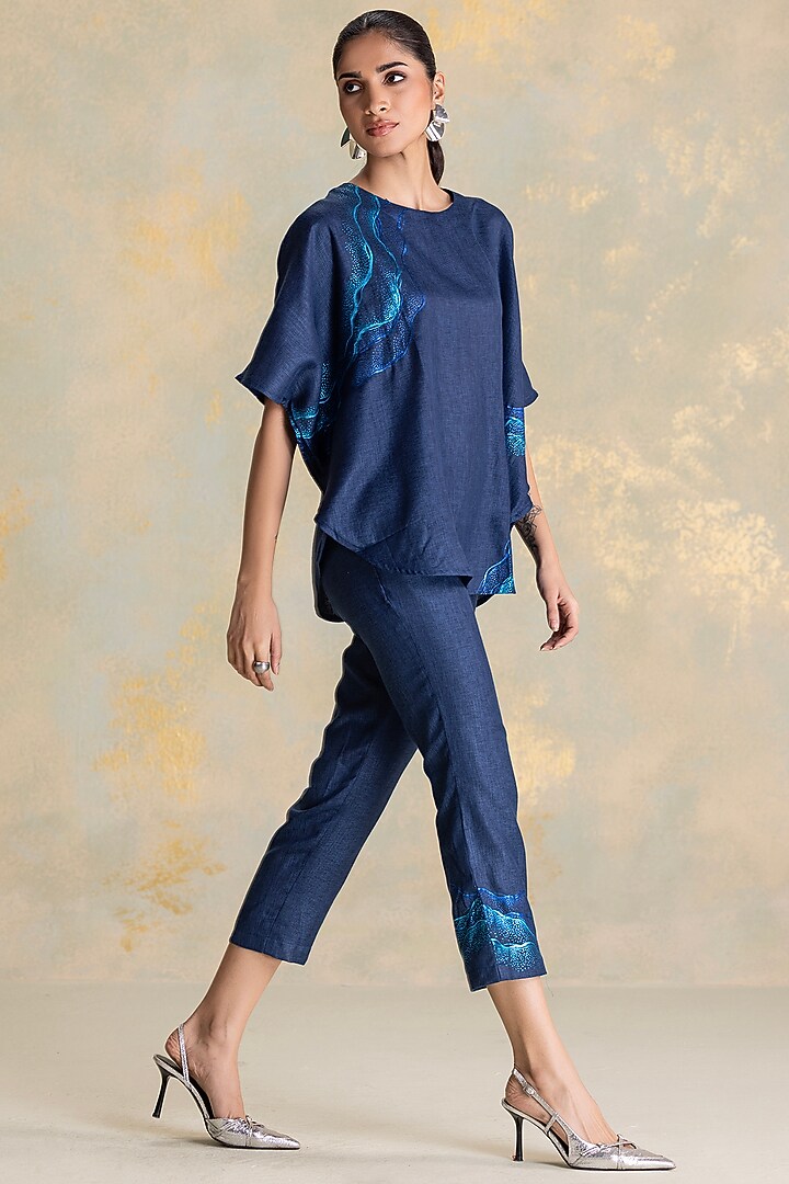 Navy Linen Blend Thread Embroidered Top by Kaveri at Pernia's Pop Up Shop