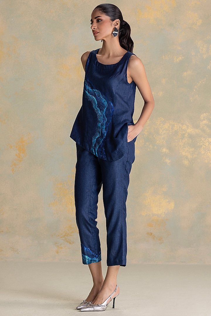 Navy Linen Blend Thread Embroidered Co-Ord Set by Kaveri at Pernia's Pop Up Shop