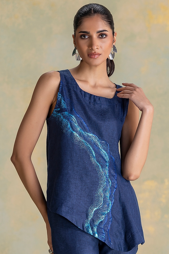 Navy Linen Blend Thread Embroidered Co-Ord Set by Kaveri at Pernia's Pop Up Shop
