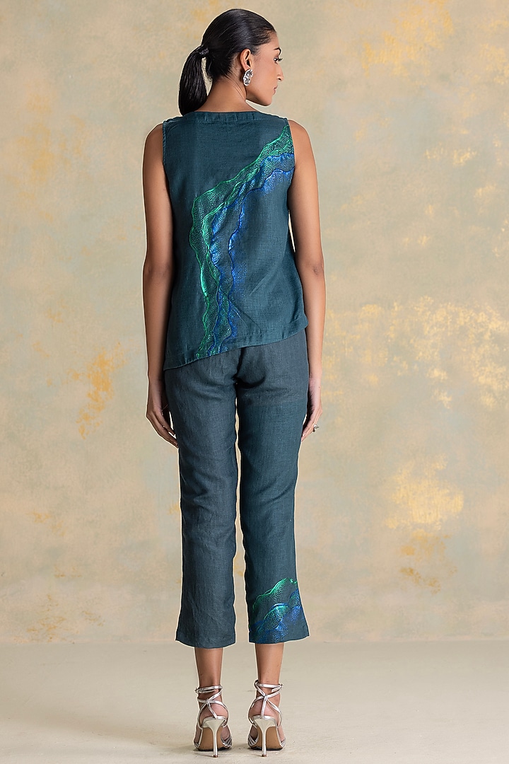 Forest Green Linen Blend Embroidered Asymmetric Top by Kaveri at Pernia's Pop Up Shop