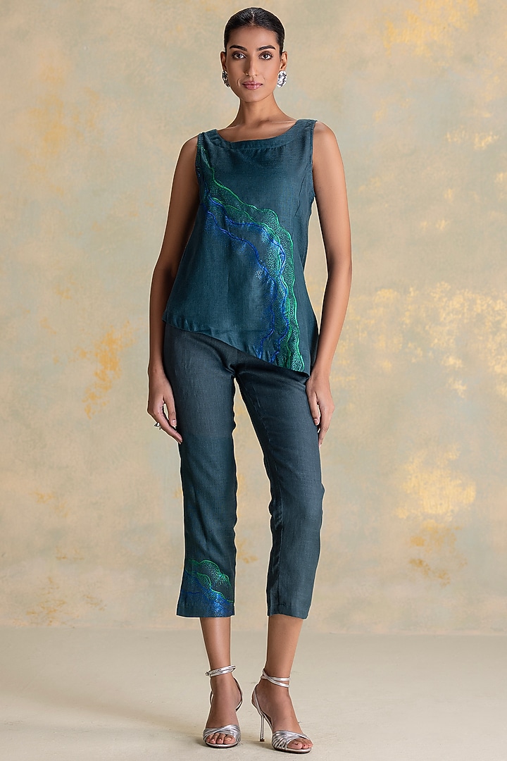 Forest Green Linen Blend Embroidered Asymmetric Top by Kaveri at Pernia's Pop Up Shop