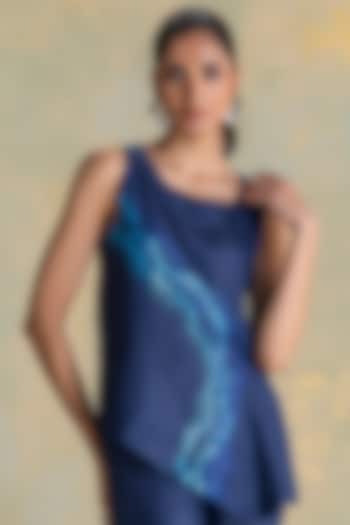 Navy Blue Linen Blend Embroidered Asymmetric Top by Kaveri at Pernia's Pop Up Shop