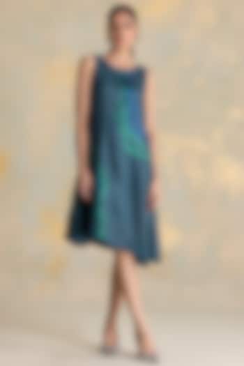 Forest Green Linen Blend Embroidered Asymmetric Summer Dress by Kaveri at Pernia's Pop Up Shop