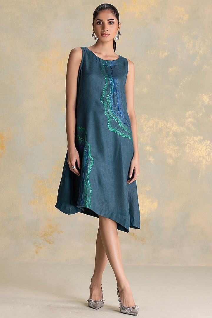 Forest Green Linen Blend Embroidered Asymmetric Summer Dress by Kaveri at Pernia's Pop Up Shop