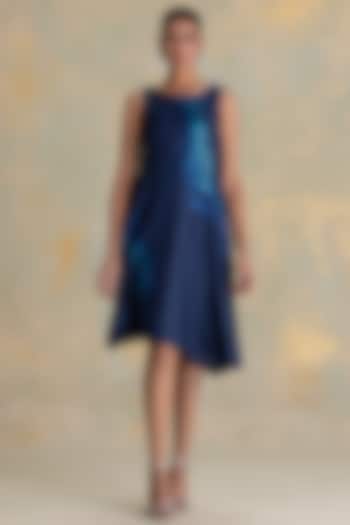 Navy Blue Linen Blend Embroidered Asymmetric Summer Dress by Kaveri at Pernia's Pop Up Shop