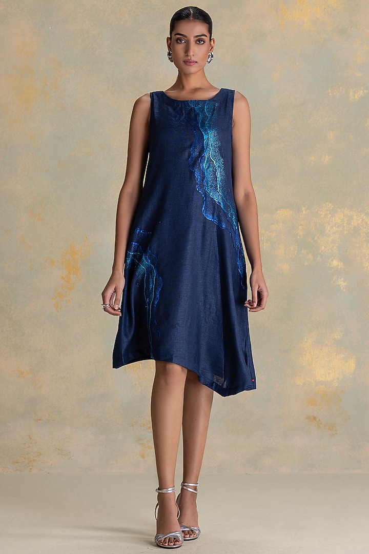 Navy Blue Linen Blend Embroidered Asymmetric Summer Dress by Kaveri at Pernia's Pop Up Shop