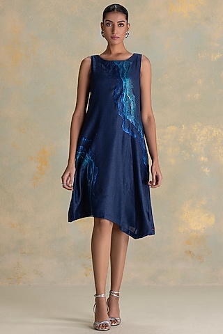 Navy Blue Linen Blend Embroidered Asymmetric Dress by Kaveri