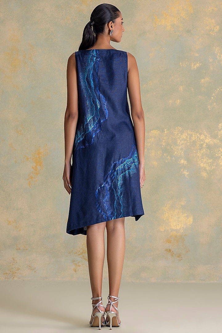 Navy Blue Linen Blend Embroidered Asymmetric Summer Dress by Kaveri at Pernia's Pop Up Shop