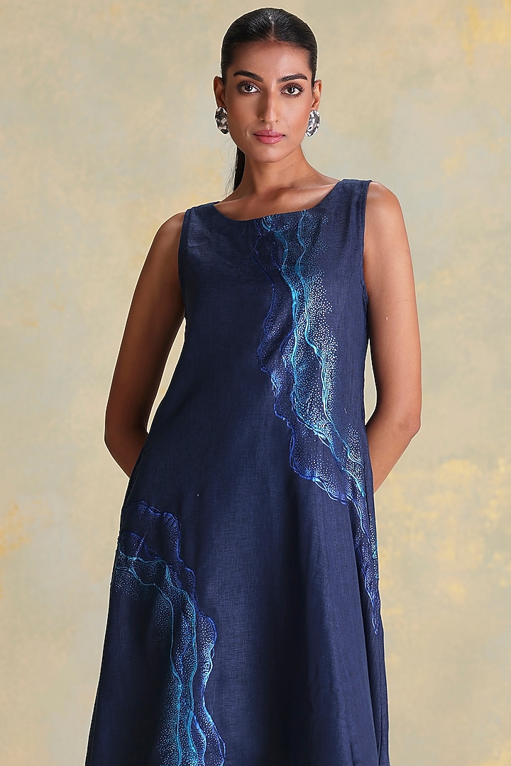 Navy Blue Linen Blend Embroidered Asymmetric Summer Dress by Kaveri at Pernia's Pop Up Shop