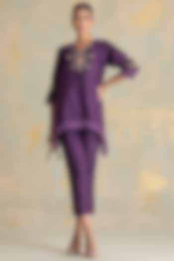 Aubergine Linen Blend Embroidered Co-Ord Set by Kaveri at Pernia's Pop Up Shop