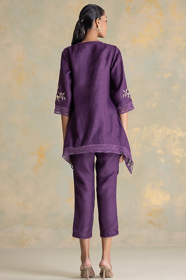 Aubergine Linen Blend Embroidered Co-Ord Set by Kaveri at Pernia's Pop Up Shop