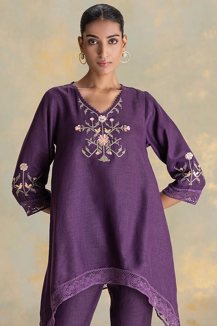 Aubergine Linen Blend Embroidered Co-Ord Set by Kaveri at Pernia's Pop Up Shop