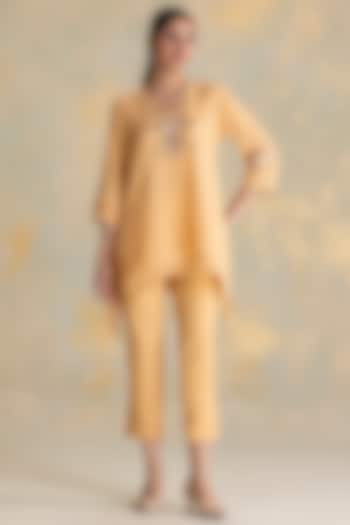 Cashew-Colored Linen Blend Embroidered Co-Ord Set by Kaveri at Pernia's Pop Up Shop