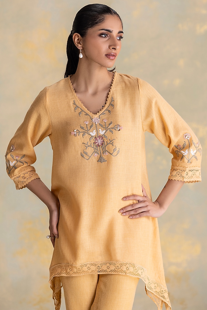 Cashew-Colored Linen Blend Embroidered Co-Ord Set by Kaveri at Pernia's Pop Up Shop