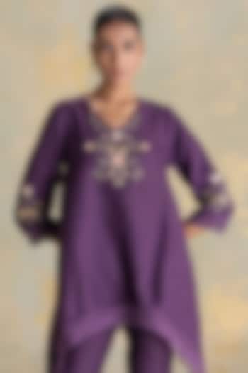 Aubergine Linen Blend Embroidered Top by Kaveri at Pernia's Pop Up Shop