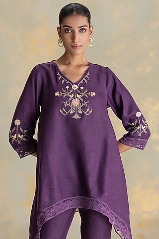 Aubergine Linen Blend Embroidered Top by Kaveri
