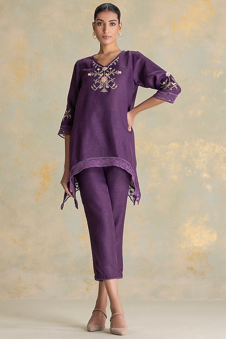 Aubergine Linen Blend Embroidered Top by Kaveri at Pernia's Pop Up Shop