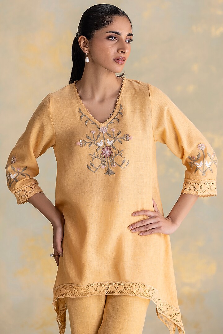 Cashew-Colored Linen Blend Embroidered Top by Kaveri at Pernia's Pop Up Shop