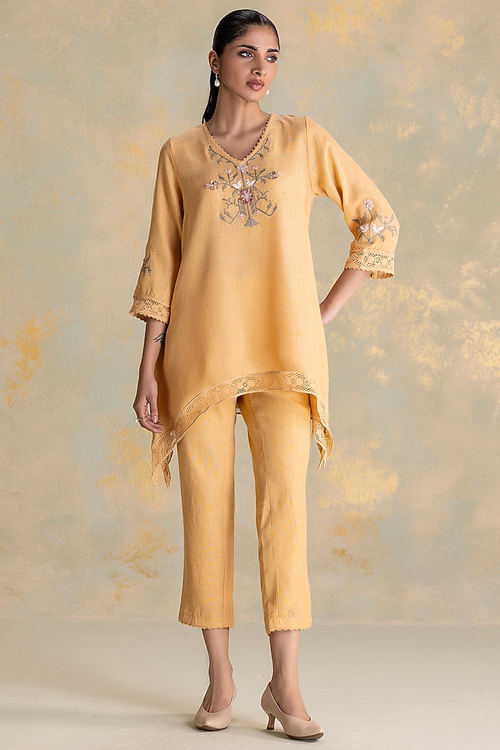 Cashew-Colored Linen Blend Embroidered Top by Kaveri at Pernia's Pop Up Shop