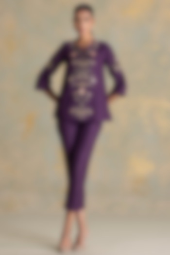 Aubergine Linen Blend 3D Embroidered Co-Ord Set by Kaveri at Pernia's Pop Up Shop