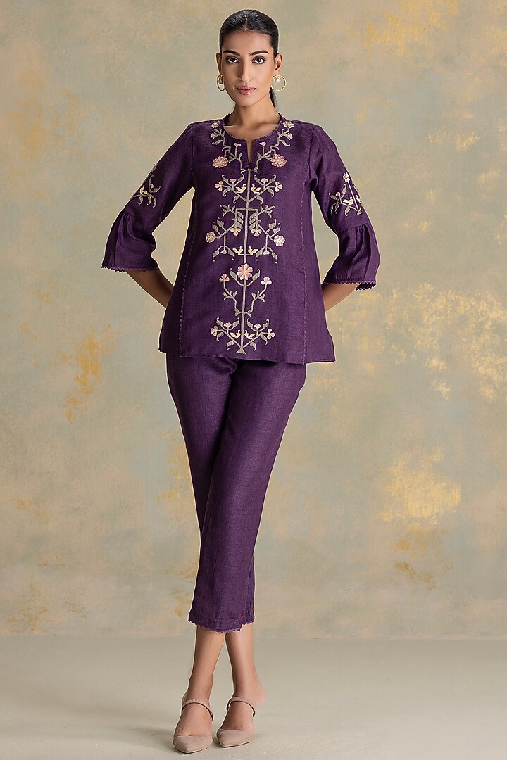 Aubergine Linen Blend 3D Embroidered Co-Ord Set by Kaveri at Pernia's Pop Up Shop