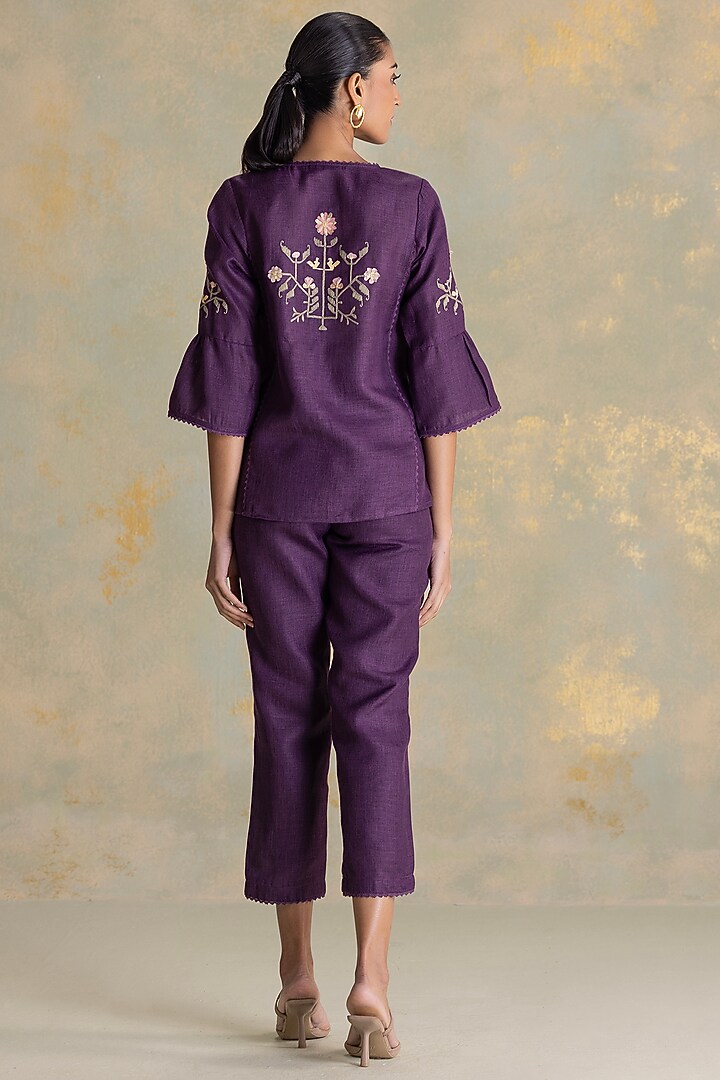 Aubergine Linen Blend 3D Embroidered Co-Ord Set by Kaveri at Pernia's Pop Up Shop