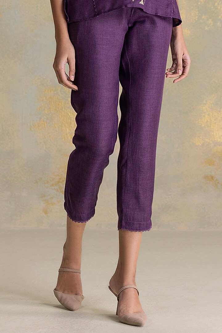 Aubergine Linen Blend 3D Embroidered Co-Ord Set by Kaveri at Pernia's Pop Up Shop
