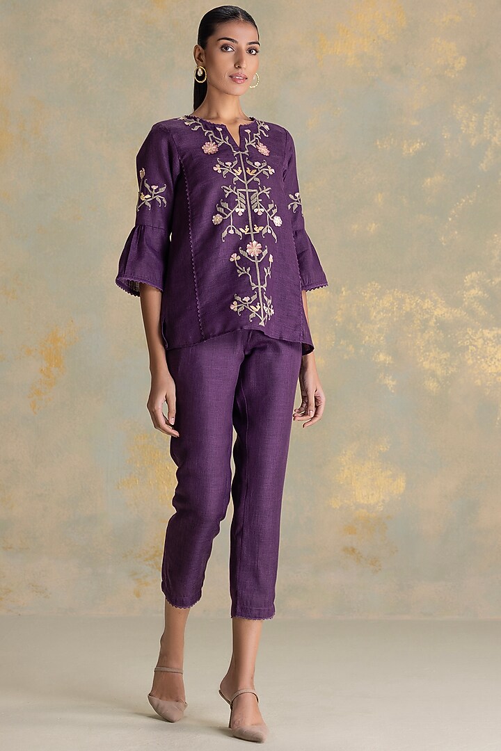 Aubergine Linen Blend 3D Embroidered Co-Ord Set by Kaveri at Pernia's Pop Up Shop