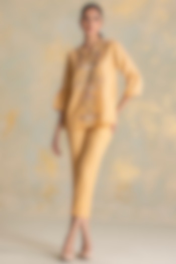 Cashew-Colored Linen Blend 3D Embroidered Co-Ord Set by Kaveri at Pernia's Pop Up Shop