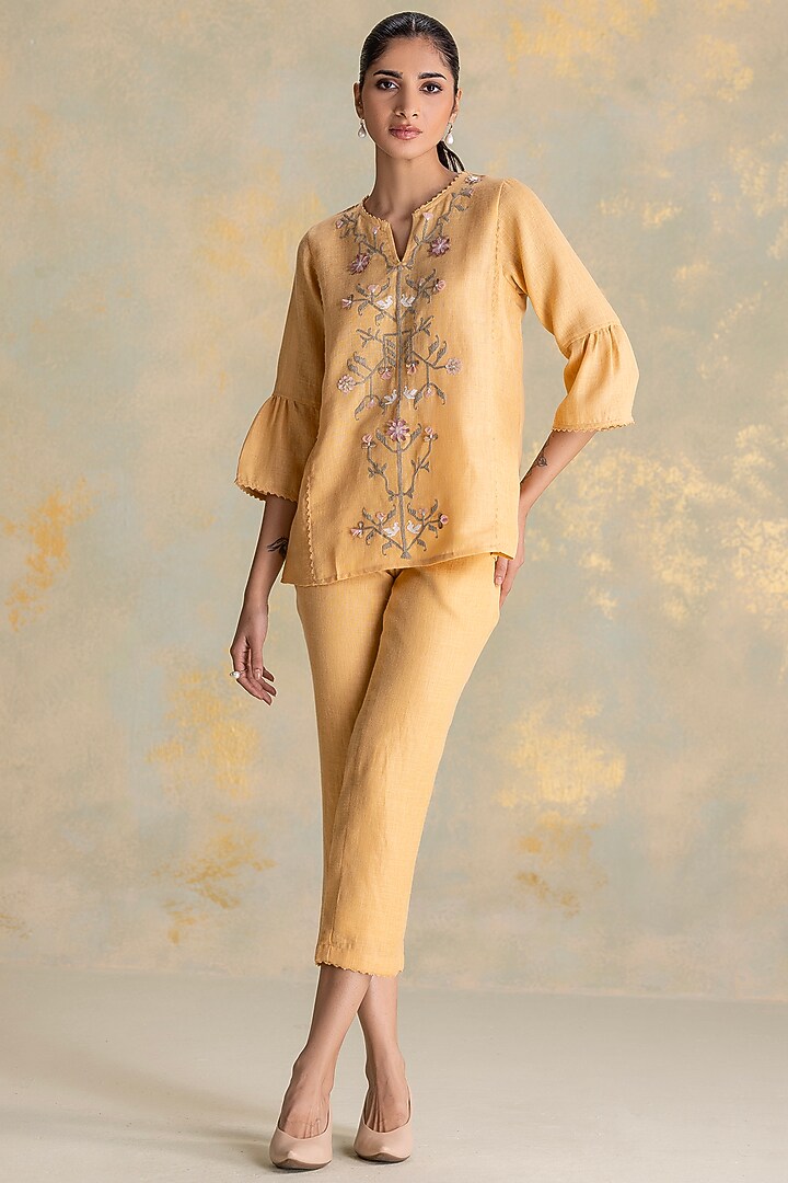 Cashew-Colored Linen Blend 3D Embroidered Co-Ord Set by Kaveri at Pernia's Pop Up Shop