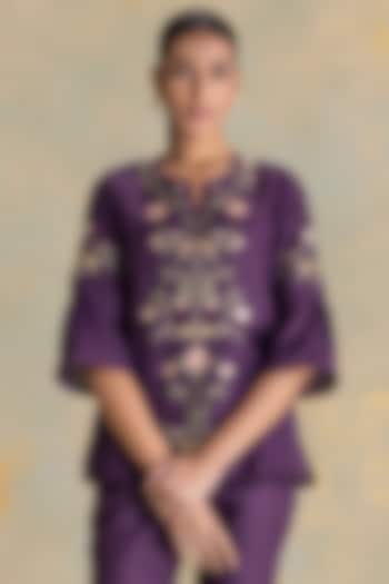 Aubergine Linen Blend 3D Floral Embroidered Top by Kaveri at Pernia's Pop Up Shop