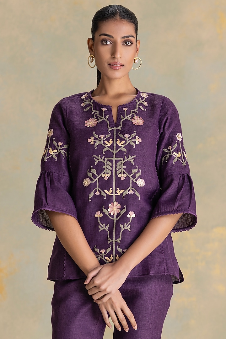 Aubergine Linen Blend 3D Floral Embroidered Top by Kaveri at Pernia's Pop Up Shop