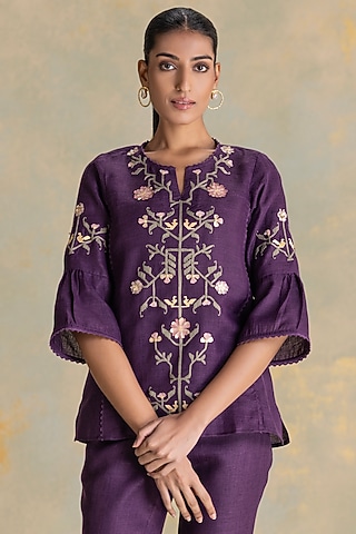 Aubergine Linen Blend 3D Floral Embroidered Top by Kaveri