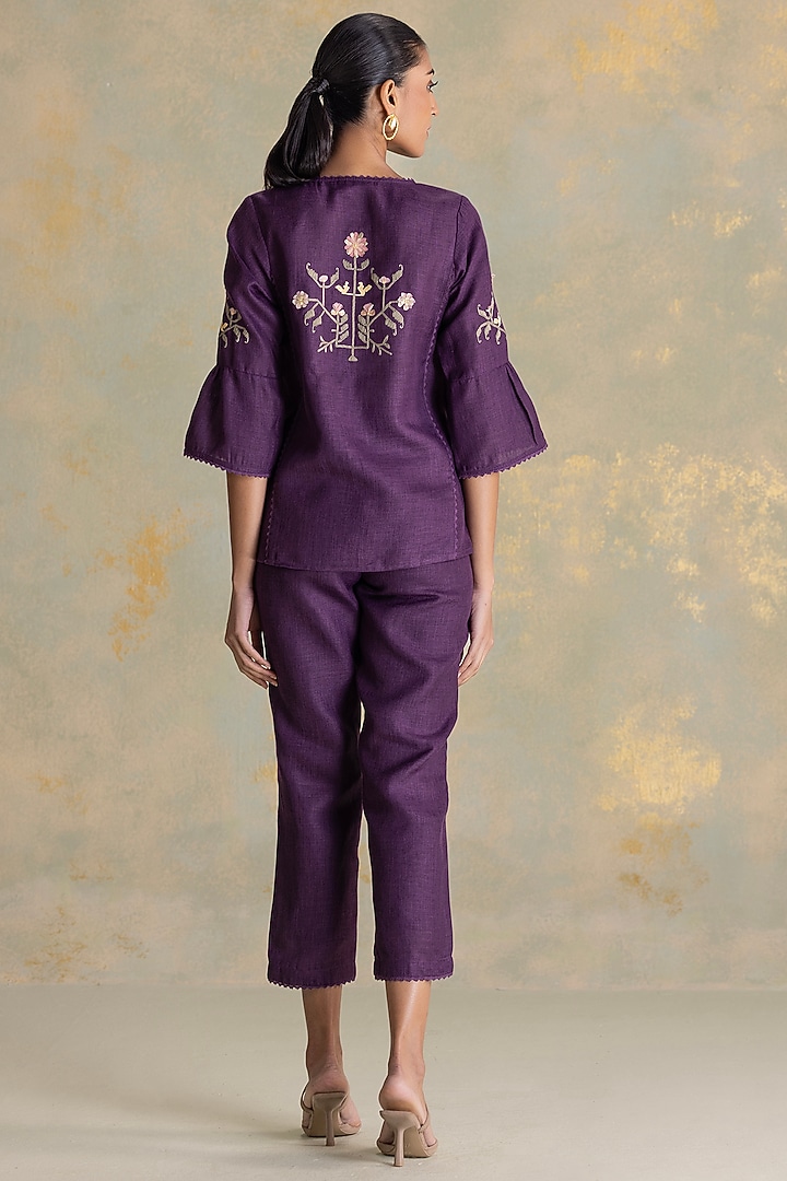 Aubergine Linen Blend 3D Floral Embroidered Top by Kaveri at Pernia's Pop Up Shop