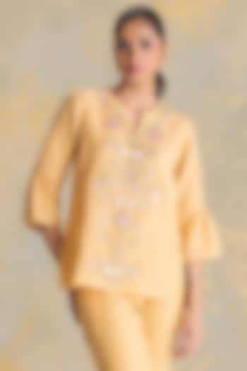 Cashew-Colored Linen Blend 3D Floral Embroidered Top by Kaveri at Pernia's Pop Up Shop