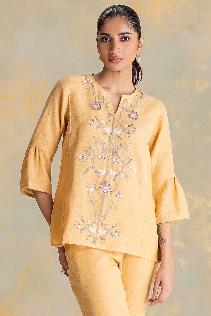 Cashew-Colored Linen Blend 3D Floral Embroidered Top by Kaveri at Pernia's Pop Up Shop