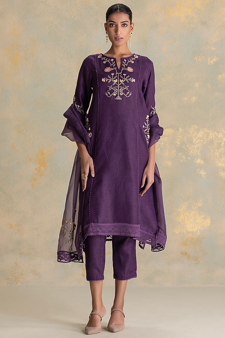 Aubergine Linen Blend 3D Floral Embroidered Tunic Set by Kaveri at Pernia's Pop Up Shop