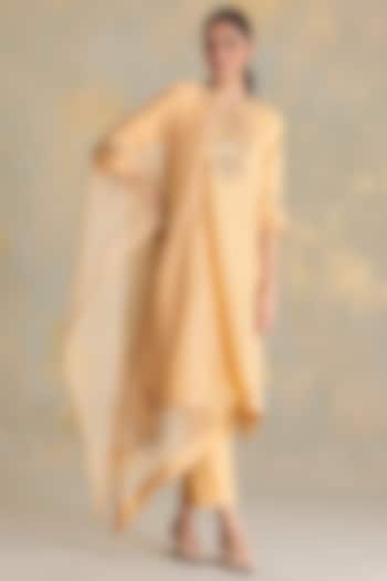 Cashew-Colored Linen Blend 3D Floral Embroidered Tunic Set by Kaveri at Pernia's Pop Up Shop