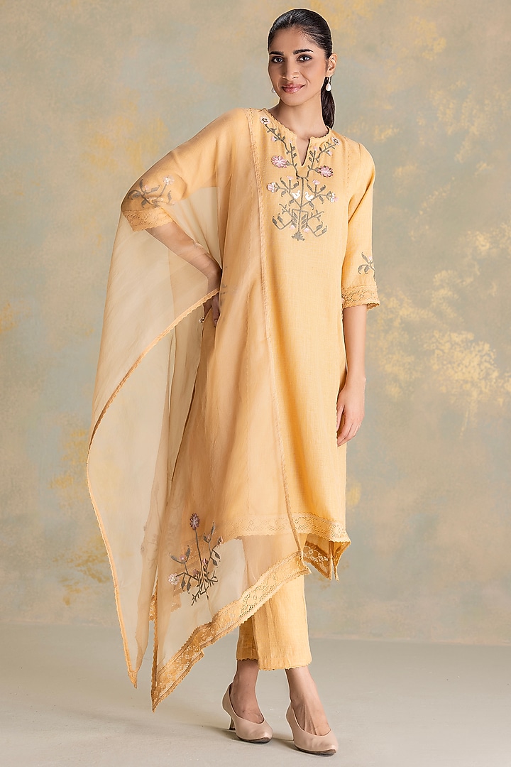Cashew-Colored Linen Blend 3D Floral Embroidered Tunic Set by Kaveri at Pernia's Pop Up Shop