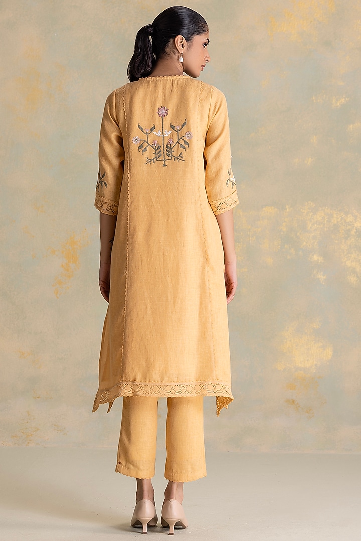 Cashew-Colored Linen Blend 3D Floral Embroidered Tunic Set by Kaveri at Pernia's Pop Up Shop