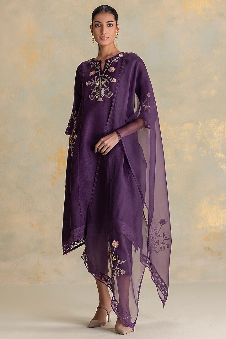 Aubergine Linen Blend 3D Floral Embroidered Tunic Set by Kaveri at Pernia's Pop Up Shop
