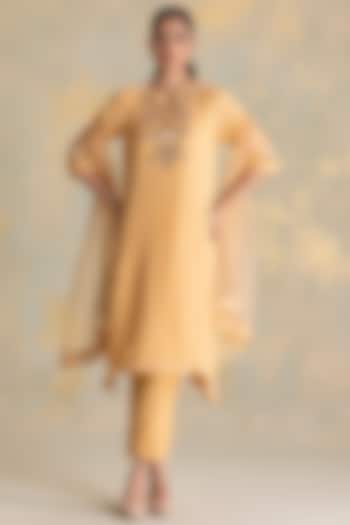 Cashew-Colored Linen Blend 3D Floral Embroidered Tunic Set by Kaveri at Pernia's Pop Up Shop