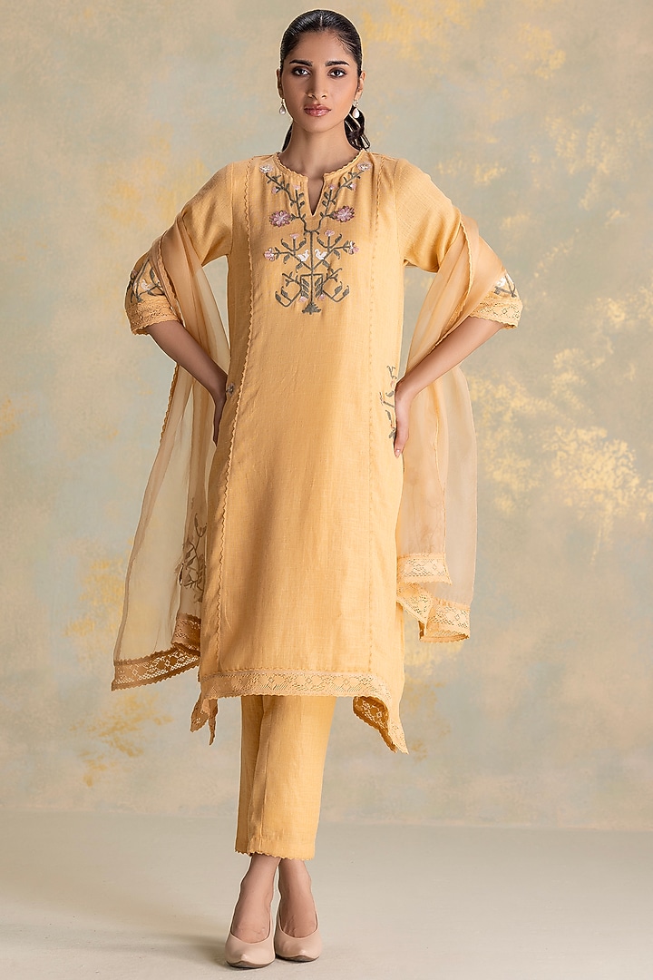 Cashew-Colored Linen Blend 3D Floral Embroidered Tunic Set by Kaveri at Pernia's Pop Up Shop