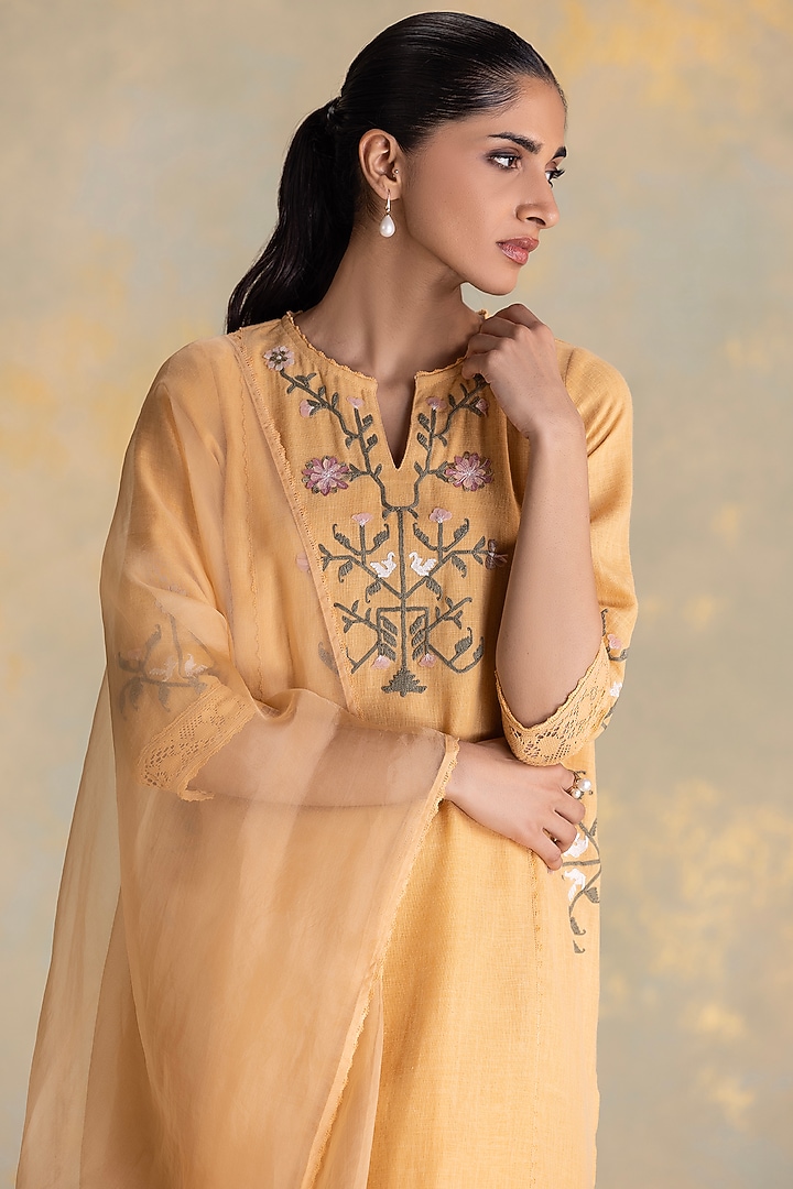 Cashew-Colored Linen Blend 3D Floral Embroidered Tunic Set by Kaveri at Pernia's Pop Up Shop