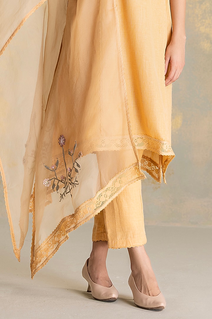 Cashew-Colored Linen Blend 3D Floral Embroidered Tunic Set by Kaveri at Pernia's Pop Up Shop