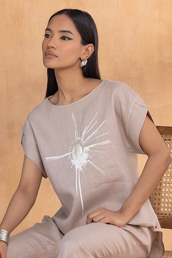 Cement-Colored Linen Hand-Screen Printed Co-Ord Set by Kaveri at Pernia's Pop Up Shop